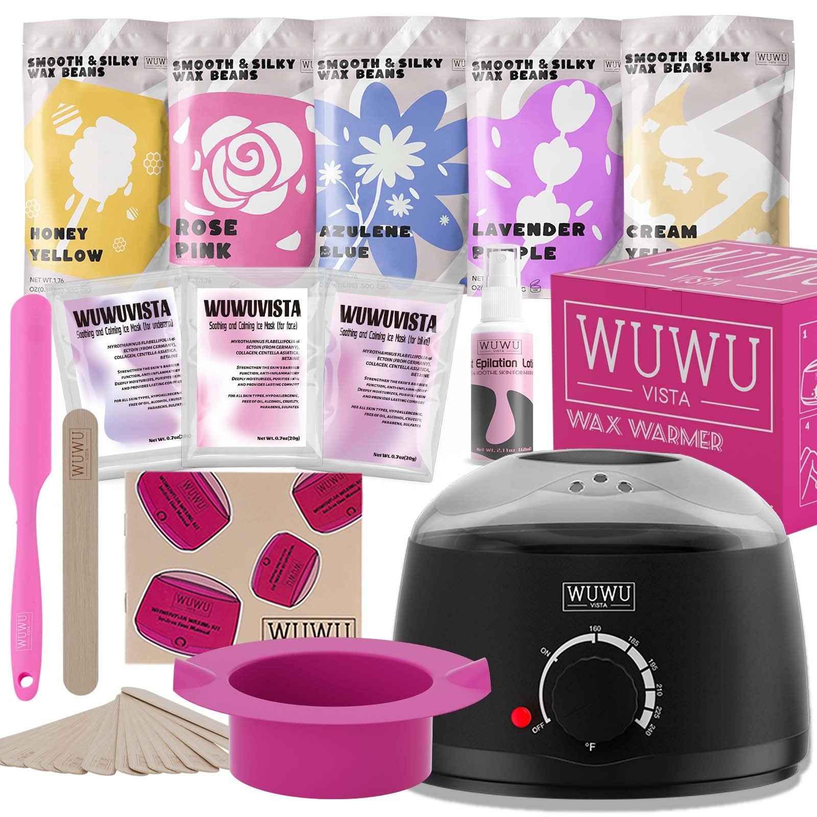 Waxing Kit WUWUVISTA 23 Items Hair Removal Wax Kit With Wax Warmer Waxing Beads For Face, Brazilian, Full Body, Bikini, Sensitiive Skin  Skin Suitable For Plugs Of American, European Specification