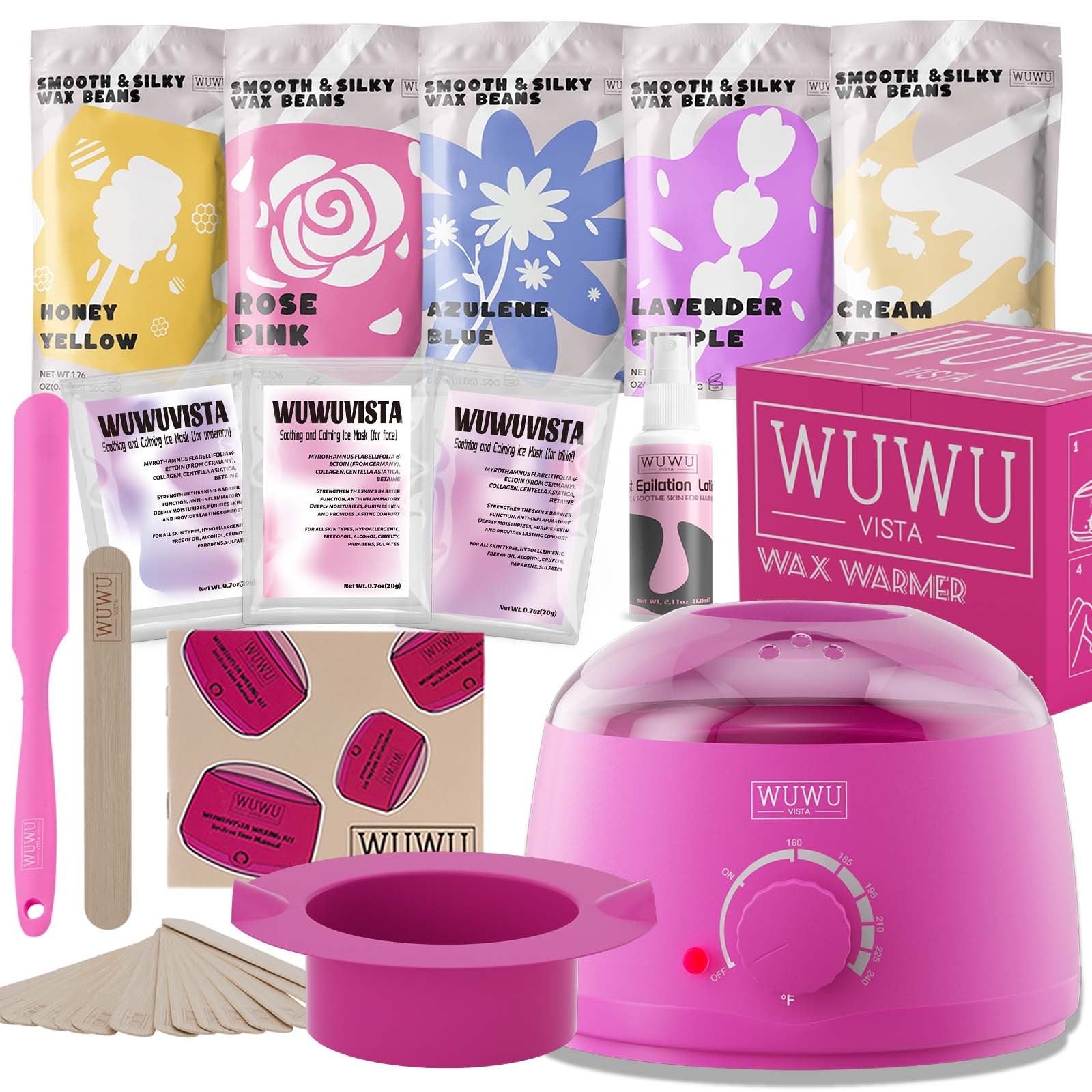 Waxing Kit WUWUVISTA 23 Items Hair Removal Wax Kit With Wax Warmer Waxing Beads For Face, Brazilian, Full Body, Bikini, Sensitiive Skin  Skin Suitable For Plugs Of American, European Specification